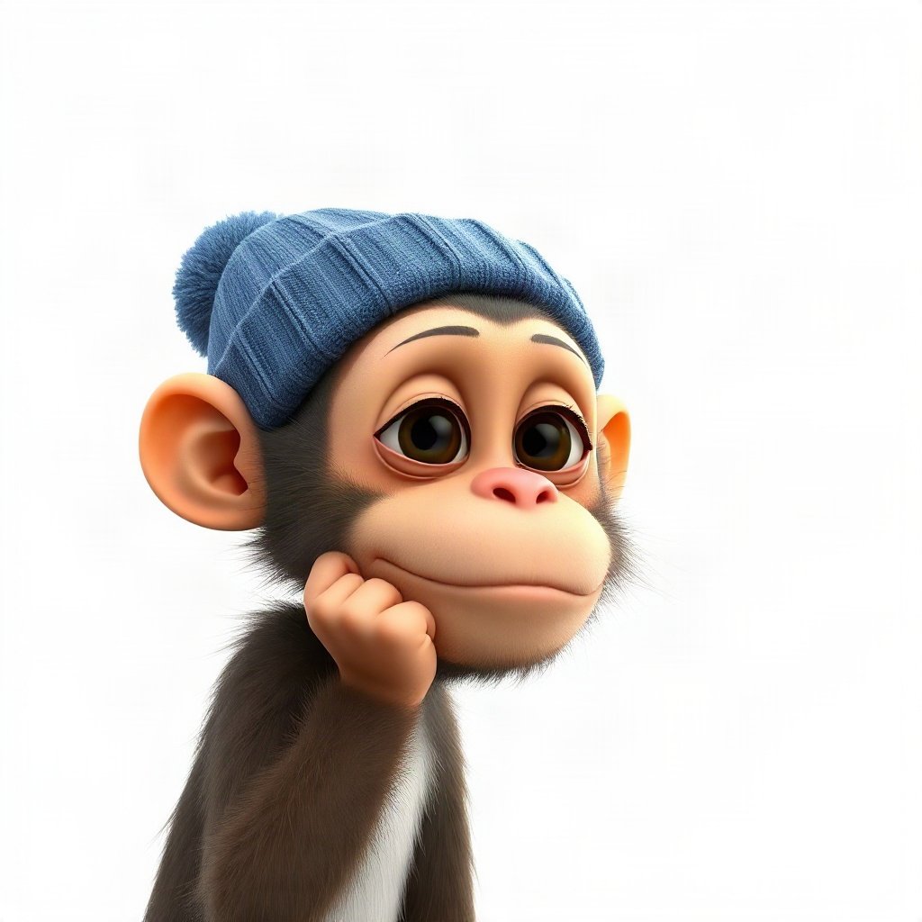 Monkey PFPs — thoughtful monkey chin on hand, soft 3d render, wearing a beanie