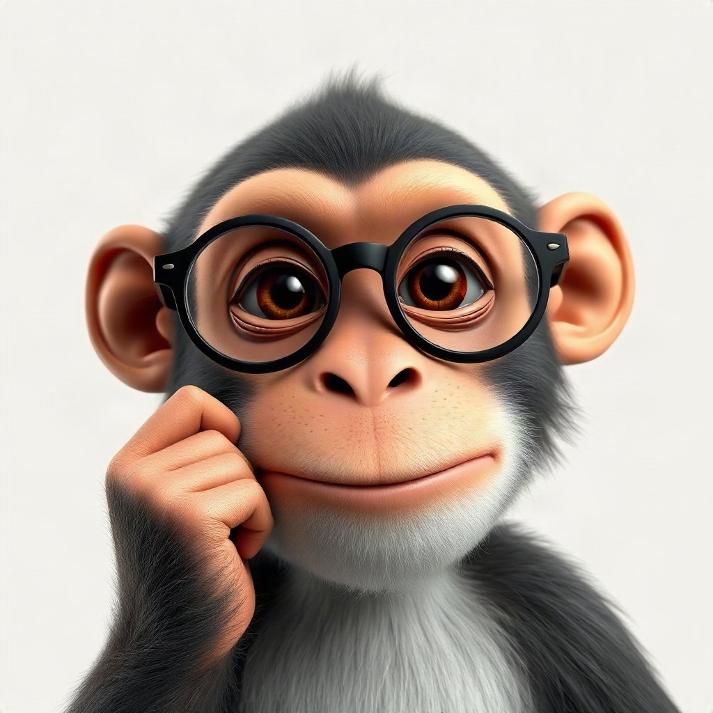 Monkey PFPs — thoughtful monkey chin on hand, soft 3d render, with round glasses