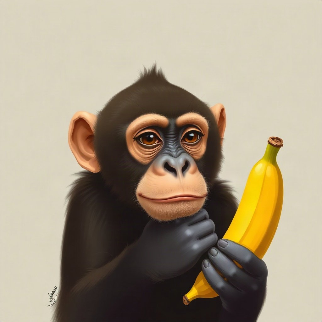 Monkey PFPs — thoughtful monkey chin on hand, digital painting, holding a banana like a phone