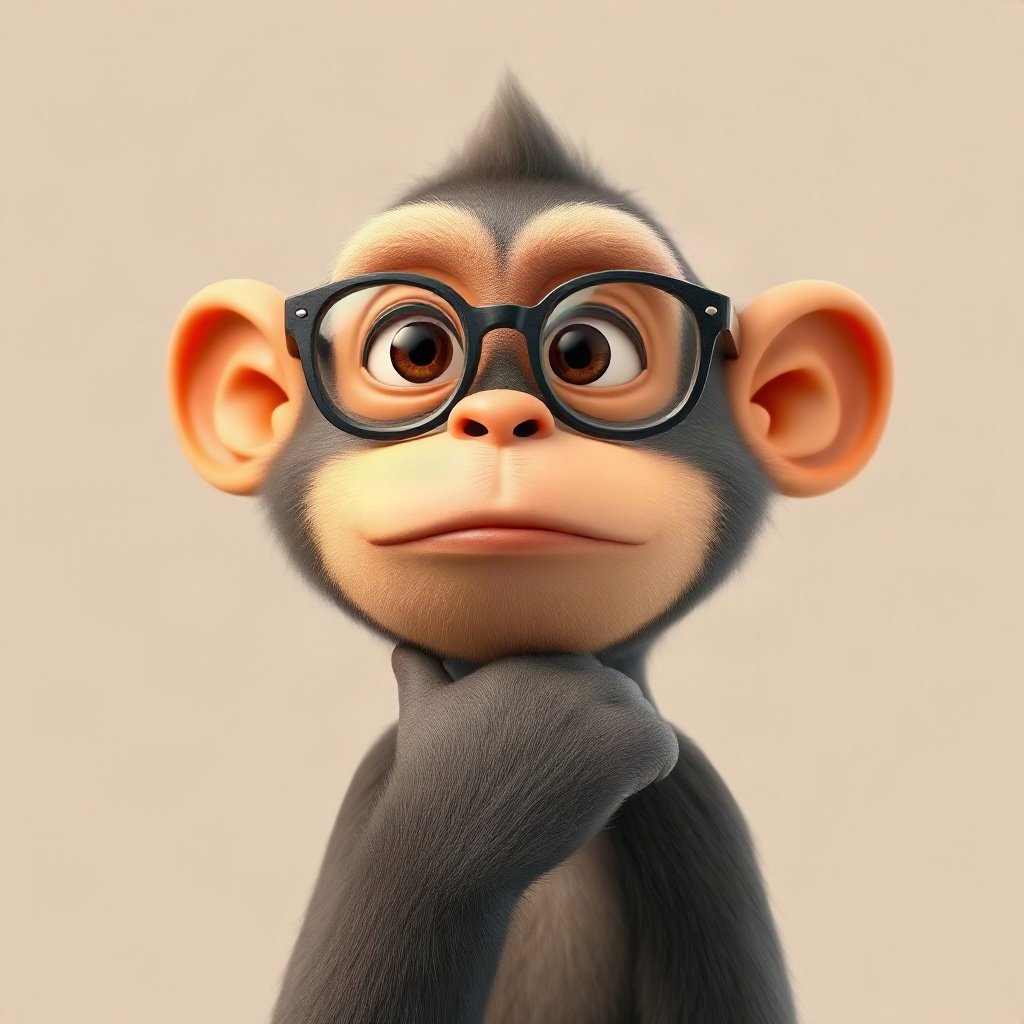 Monkey PFPs — thoughtful monkey chin on hand, soft 3d render, with round glasses