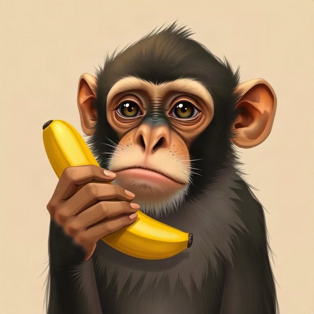 Monkey PFPs — thoughtful monkey chin on hand, digital painting, holding a banana like a phone