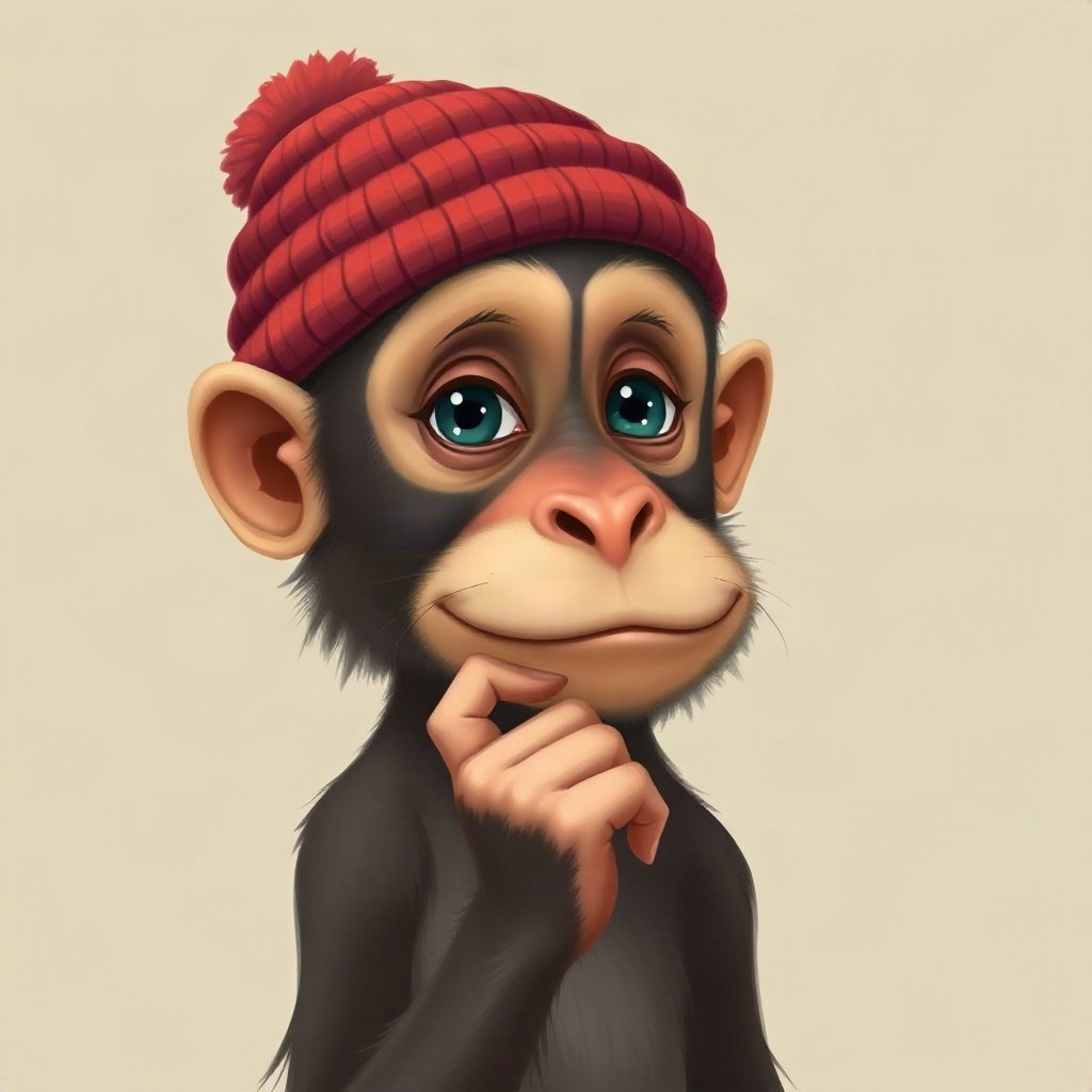 Monkey PFPs — thoughtful monkey chin on hand, digital painting, wearing a beanie