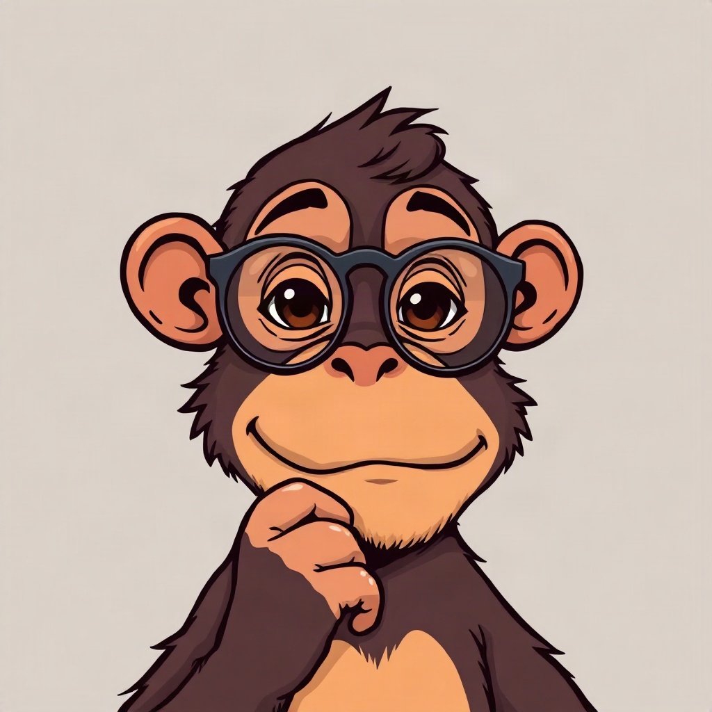 Monkey PFPs — thoughtful monkey chin on hand, bold cartoon style, with round glasses