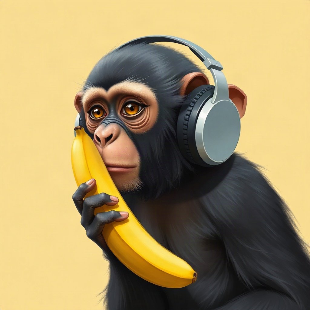 Monkey PFPs — chill monkey with headphones, digital painting, holding a banana like a phone
