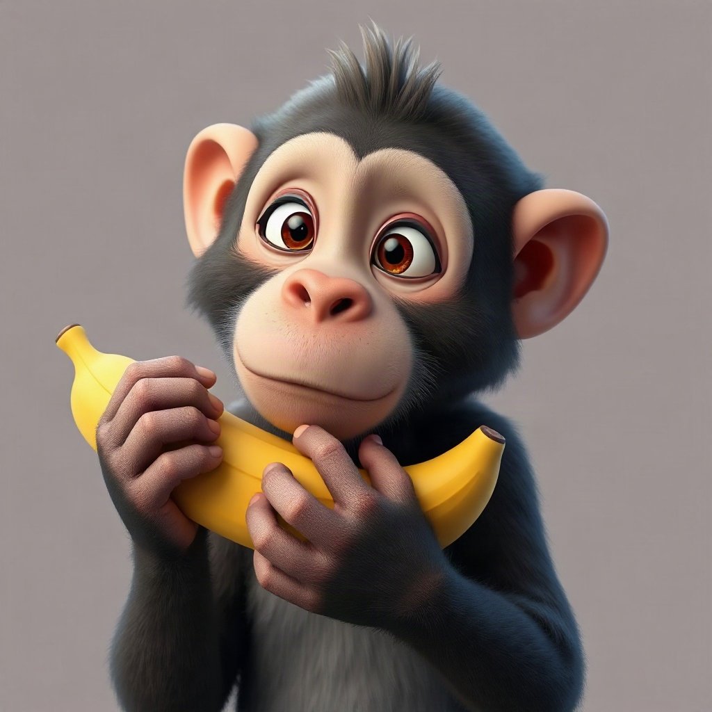 Monkey PFPs — thoughtful monkey chin on hand, soft 3d render, holding a banana like a phone