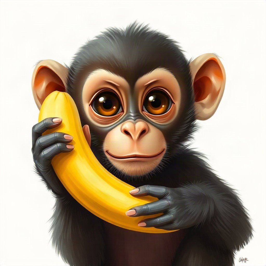 Monkey PFPs — baby monkey with huge eyes, digital painting, holding a banana like a phone