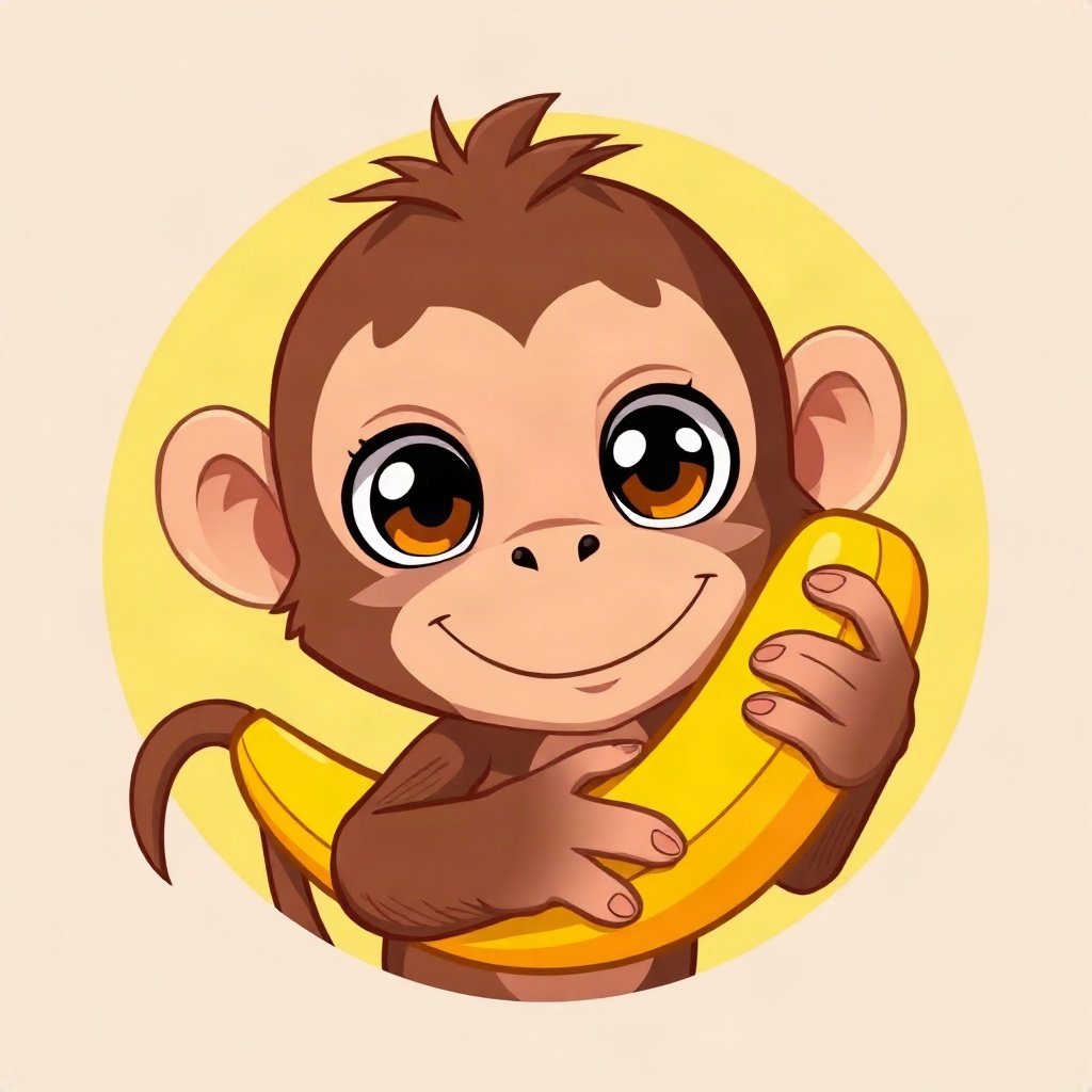 Monkey PFPs — baby monkey with huge eyes, bold cartoon style, holding a banana like a phone