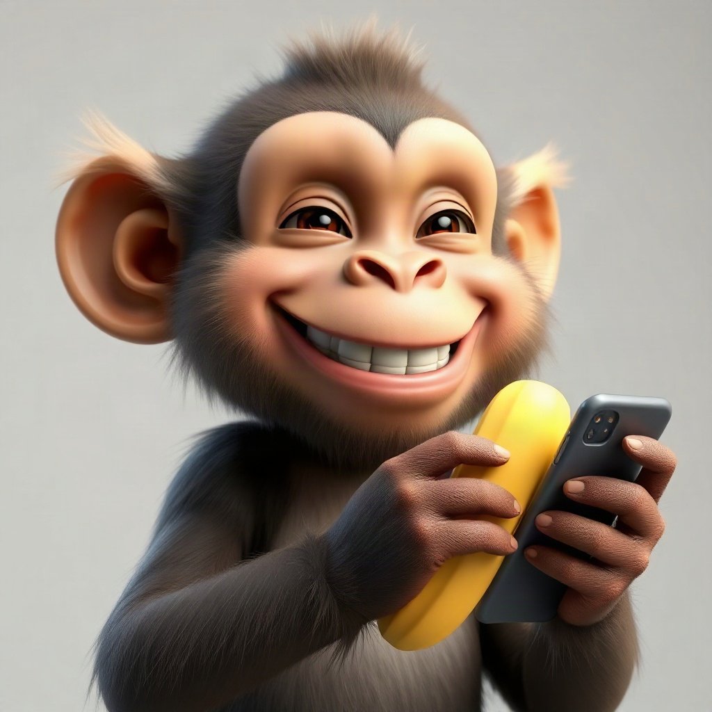Monkey PFPs — laughing monkey, soft 3d render, holding a banana like a phone