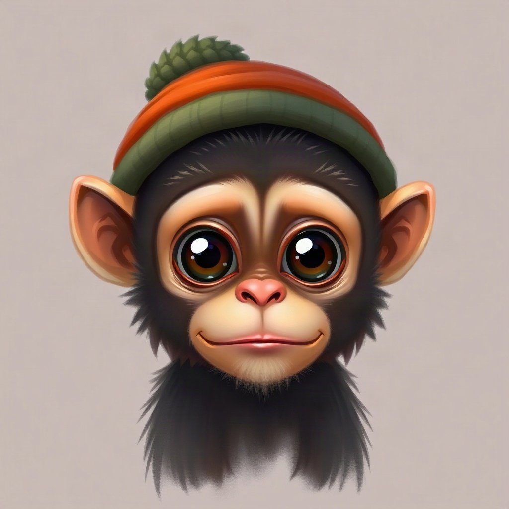 Monkey PFPs — baby monkey with huge eyes, digital painting, wearing a beanie