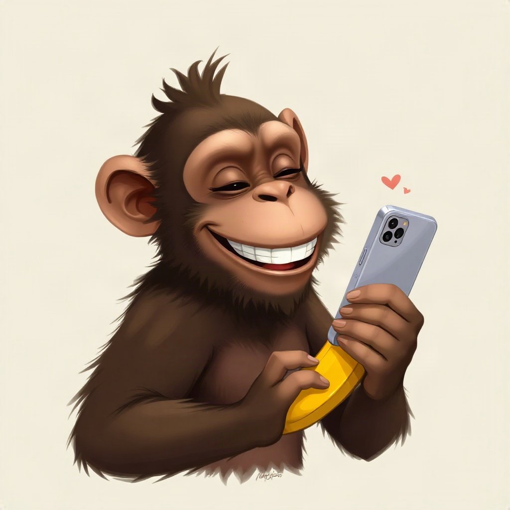Monkey PFPs — laughing monkey, digital painting, holding a banana like a phone