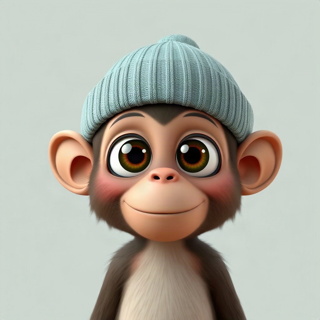 Monkey PFPs — baby monkey with huge eyes, soft 3d render, wearing a beanie