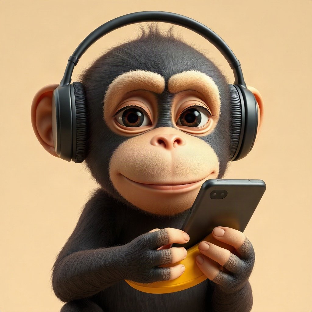 Monkey PFPs — chill monkey with headphones, soft 3d render, holding a banana like a phone