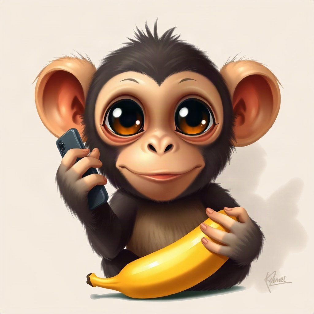 Monkey PFPs — baby monkey with huge eyes, digital painting, holding a banana like a phone
