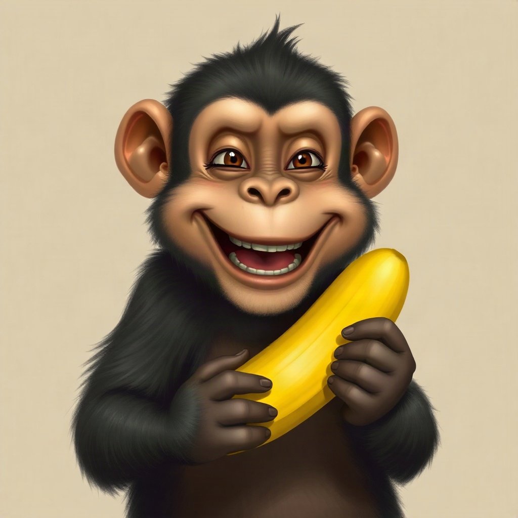 Monkey PFPs — laughing monkey, digital painting, holding a banana like a phone