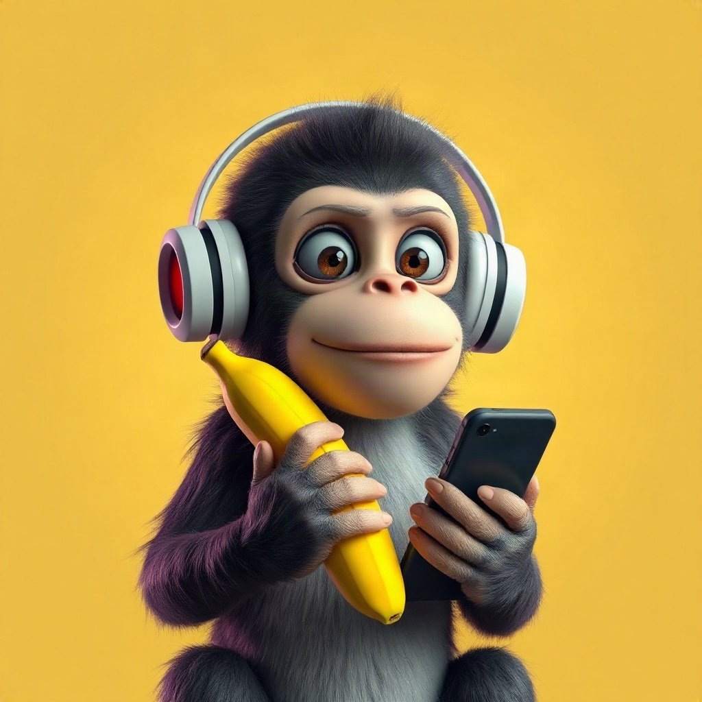Monkey PFPs — chill monkey with headphones, soft 3d render, holding a banana like a phone