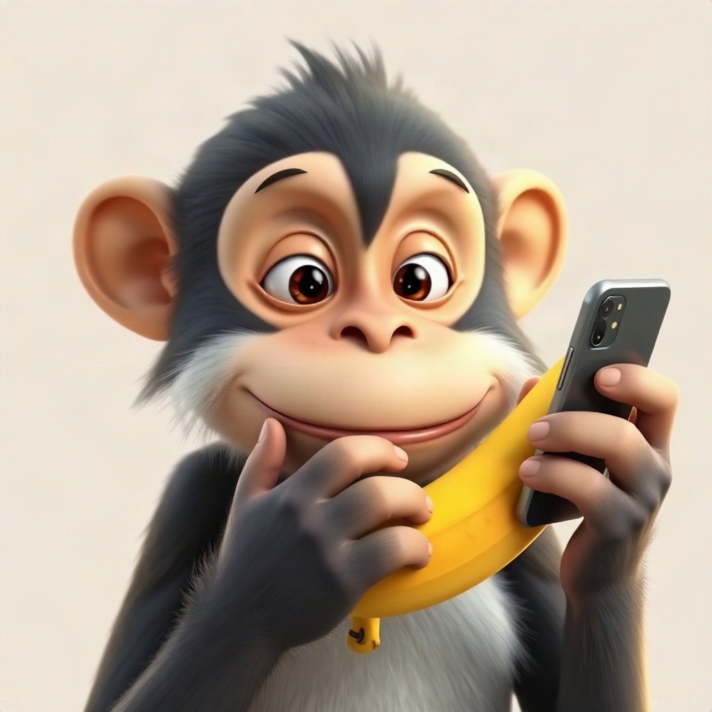 Monkey PFPs — thoughtful monkey chin on hand, soft 3d render, holding a banana like a phone