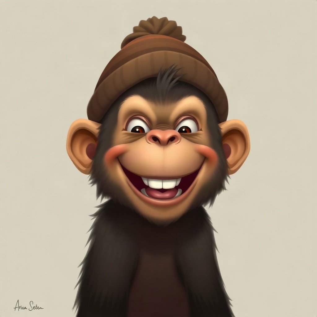 Monkey PFPs — laughing monkey, digital painting, wearing a beanie