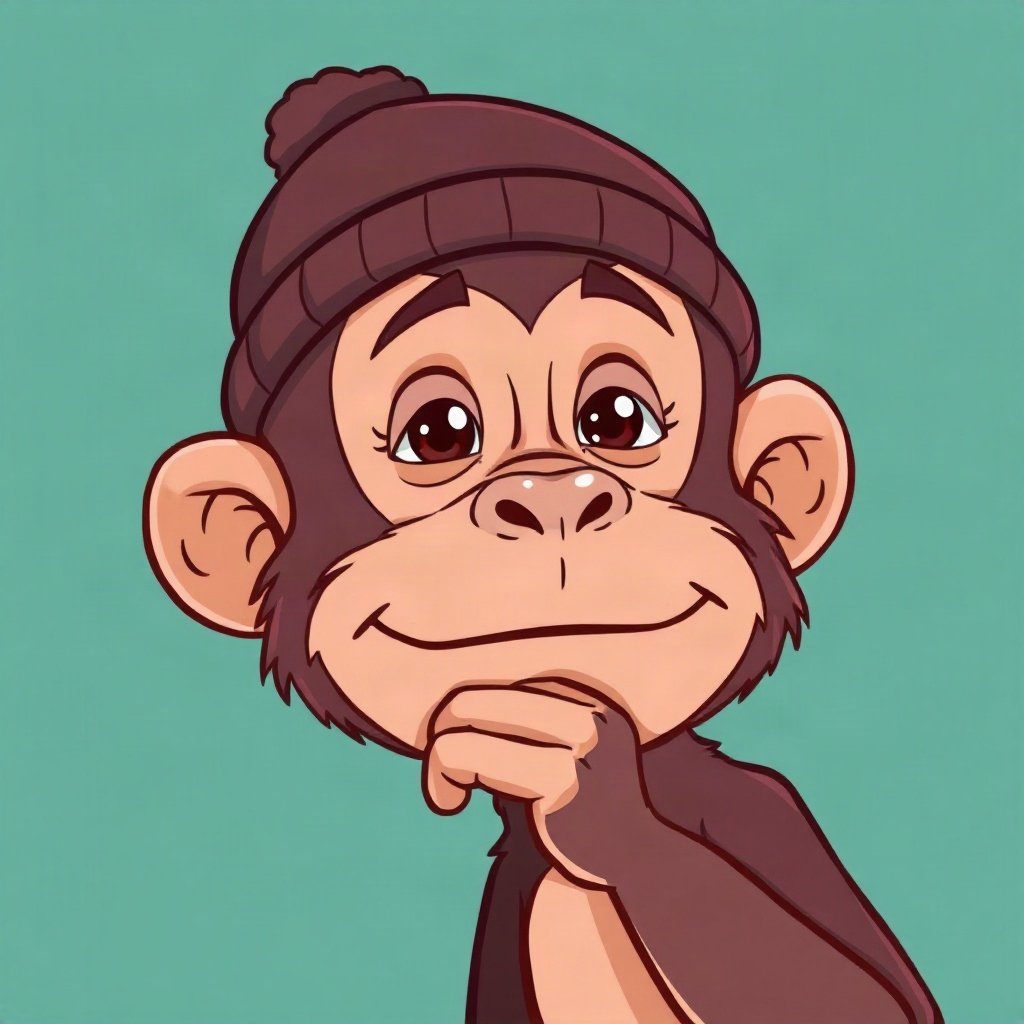 Monkey PFPs — thoughtful monkey chin on hand, bold cartoon style, wearing a beanie