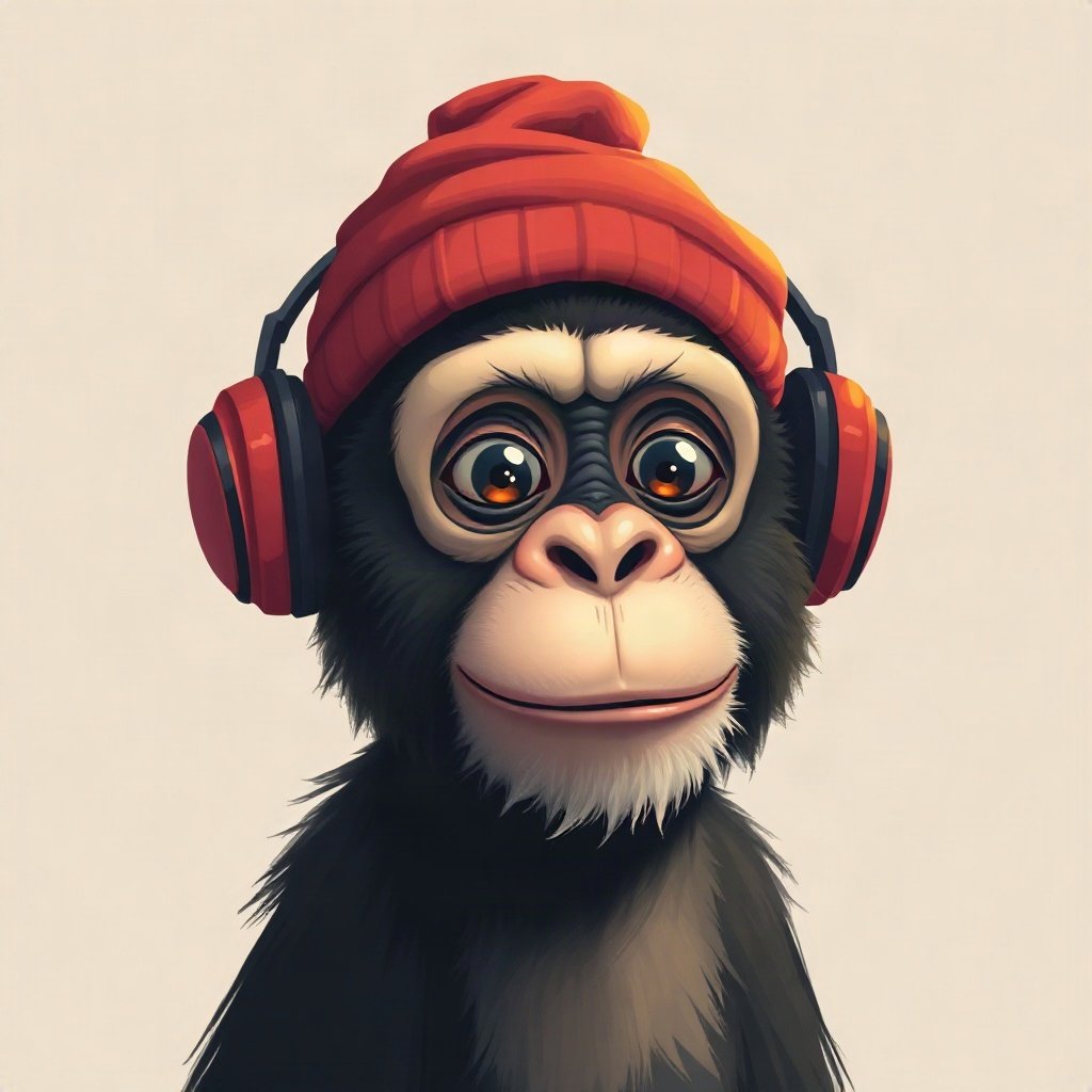 Monkey PFPs — chill monkey with headphones, digital painting, wearing a beanie