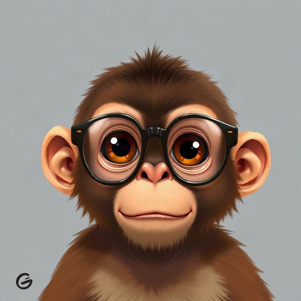 Monkey PFPs — baby monkey with huge eyes, digital painting, with round glasses