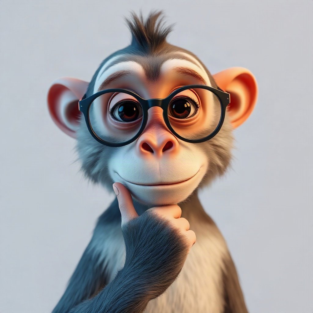 Monkey PFPs — thoughtful monkey chin on hand, soft 3d render, with round glasses