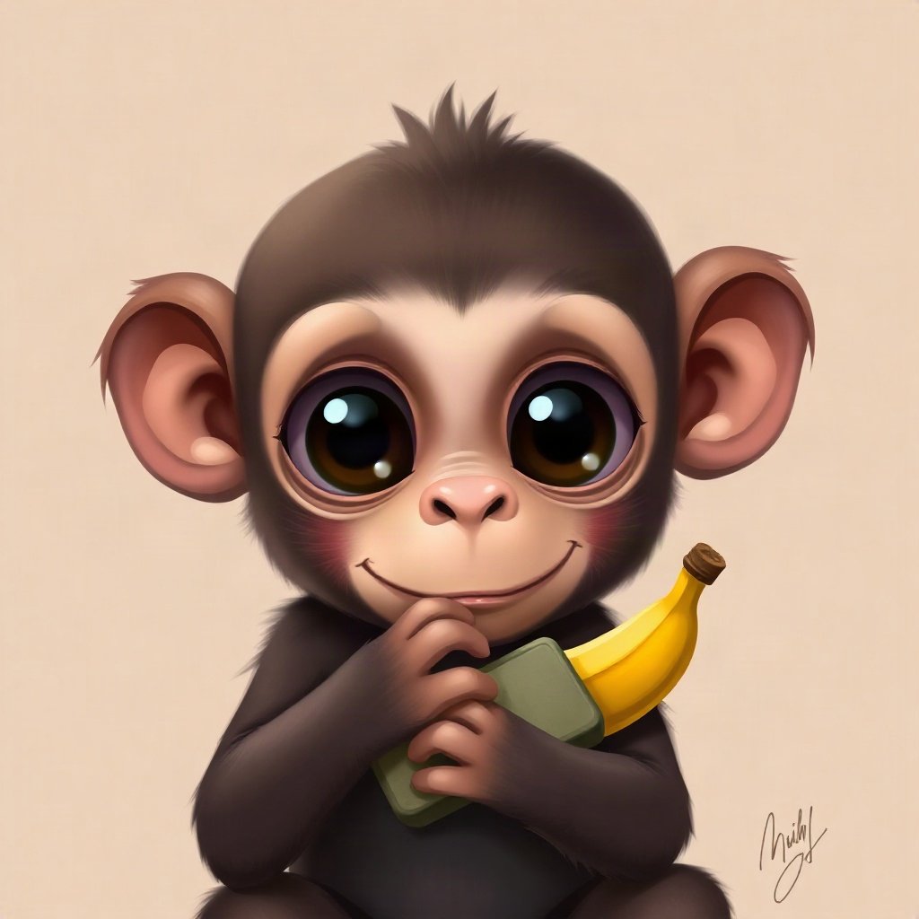 Monkey PFPs — baby monkey with huge eyes, digital painting, holding a banana like a phone