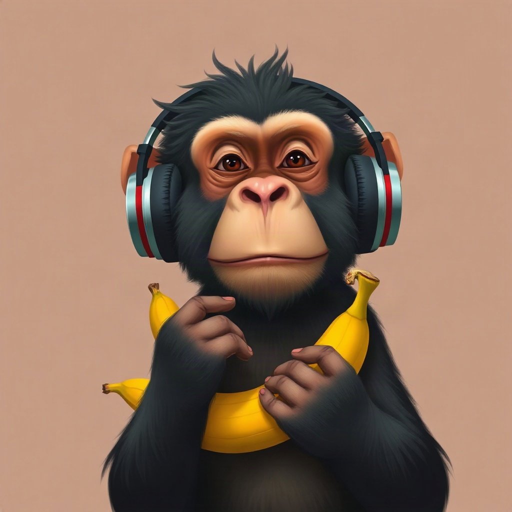 Monkey PFPs — chill monkey with headphones, digital painting, holding a banana like a phone