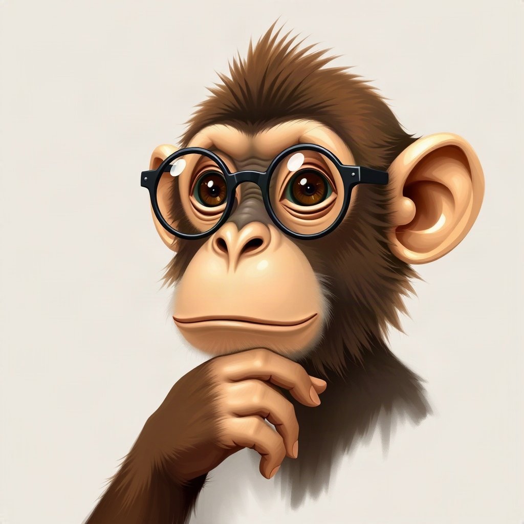 Monkey PFPs — thoughtful monkey chin on hand, digital painting, with round glasses