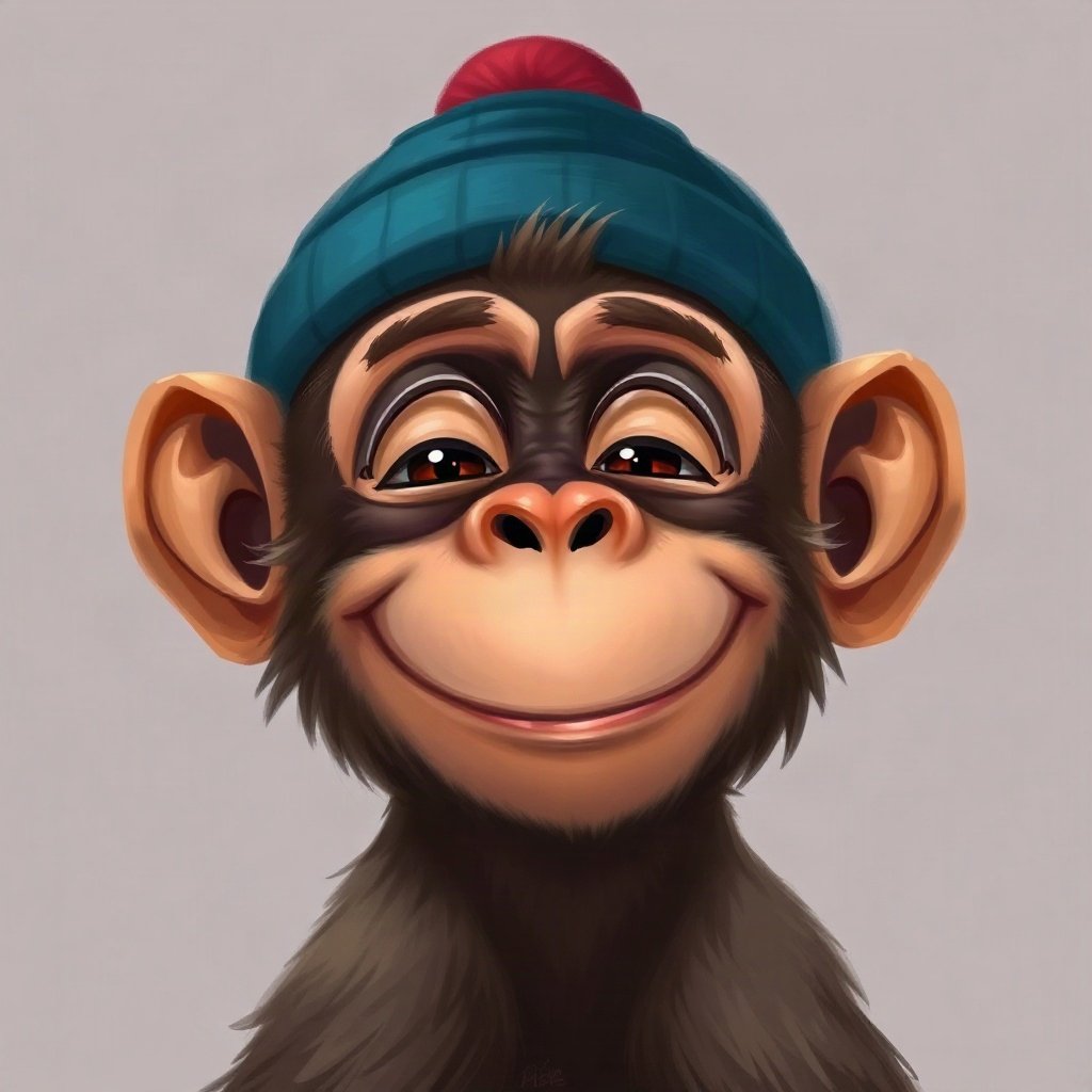 Monkey PFPs — laughing monkey, digital painting, wearing a beanie