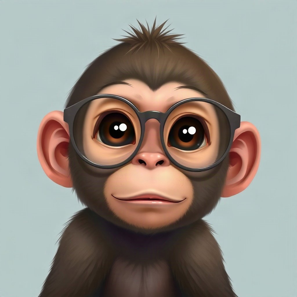 Monkey PFPs — baby monkey with huge eyes, digital painting, with round glasses