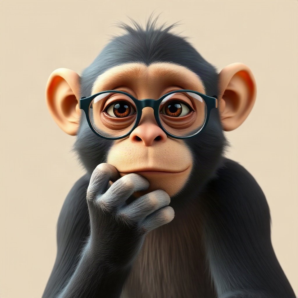 Monkey PFPs — thoughtful monkey chin on hand, soft 3d render, with round glasses