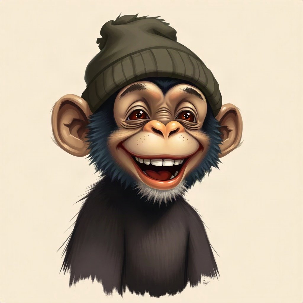 Monkey PFPs — laughing monkey, digital painting, wearing a beanie
