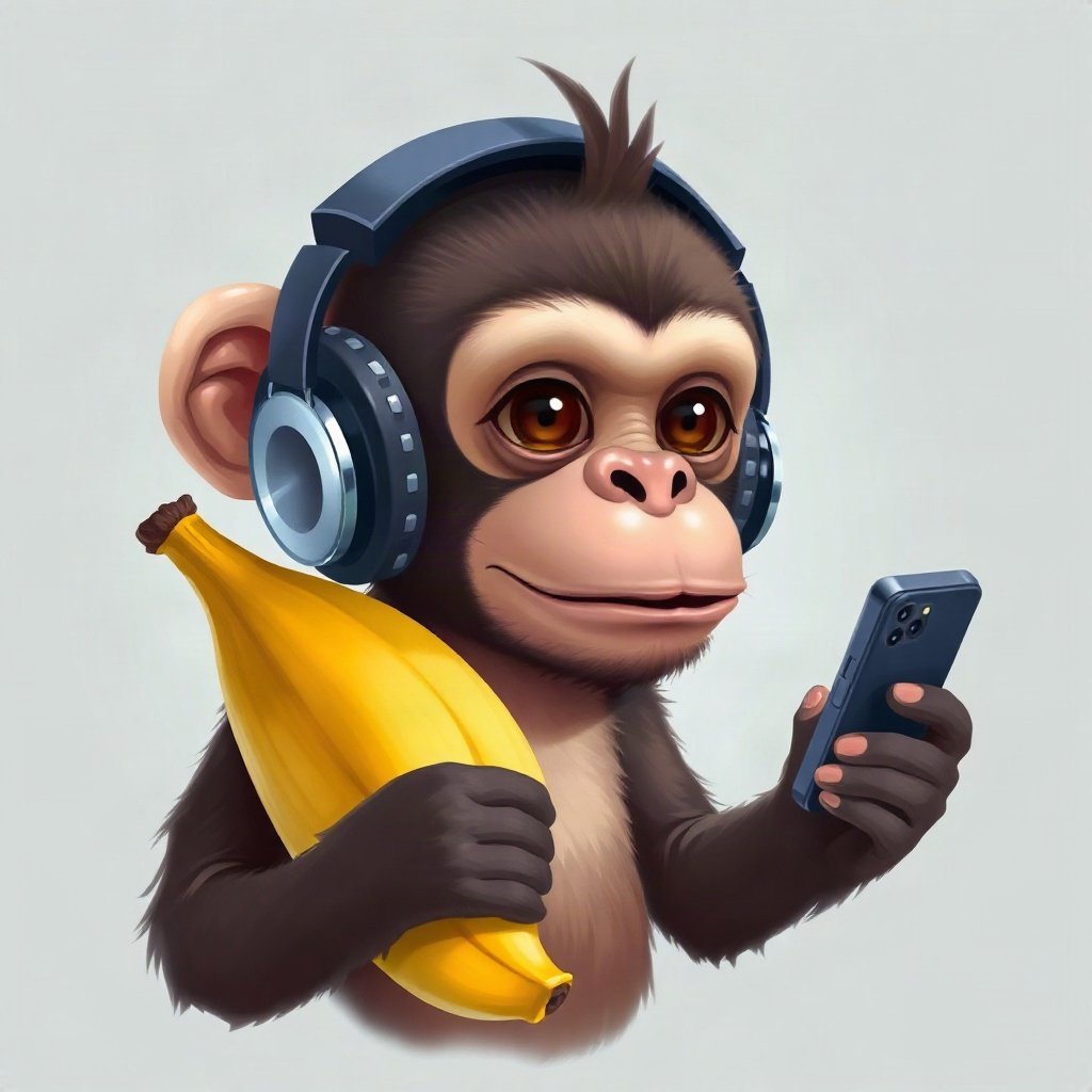 Monkey PFPs — chill monkey with headphones, digital painting, holding a banana like a phone