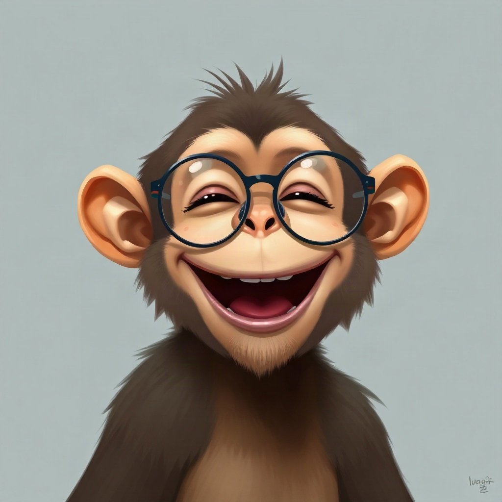 Monkey PFPs — laughing monkey, digital painting, with round glasses