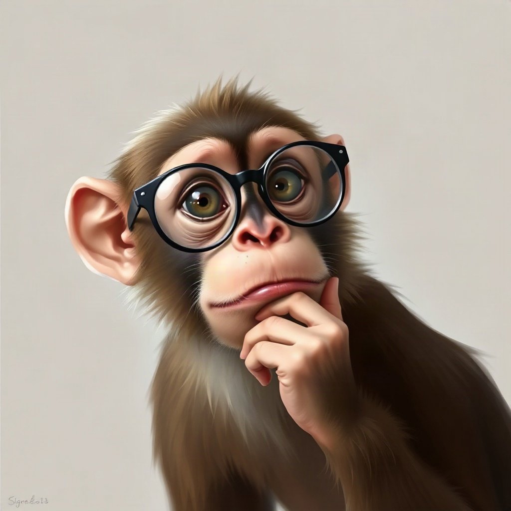 Monkey PFPs — thoughtful monkey chin on hand, digital painting, with round glasses
