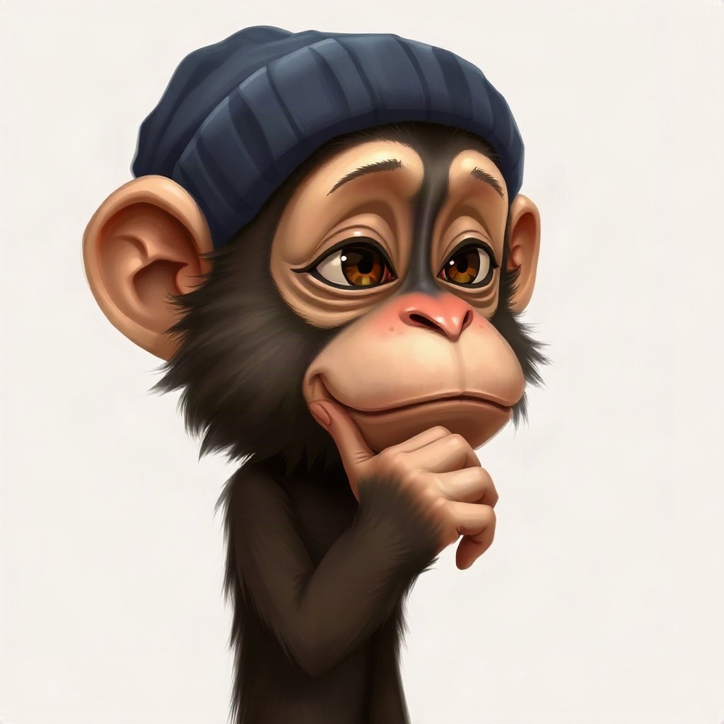 Monkey PFPs — thoughtful monkey chin on hand, digital painting, wearing a beanie