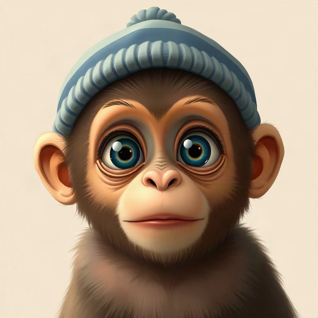 Monkey PFPs — baby monkey with huge eyes, digital painting, wearing a beanie