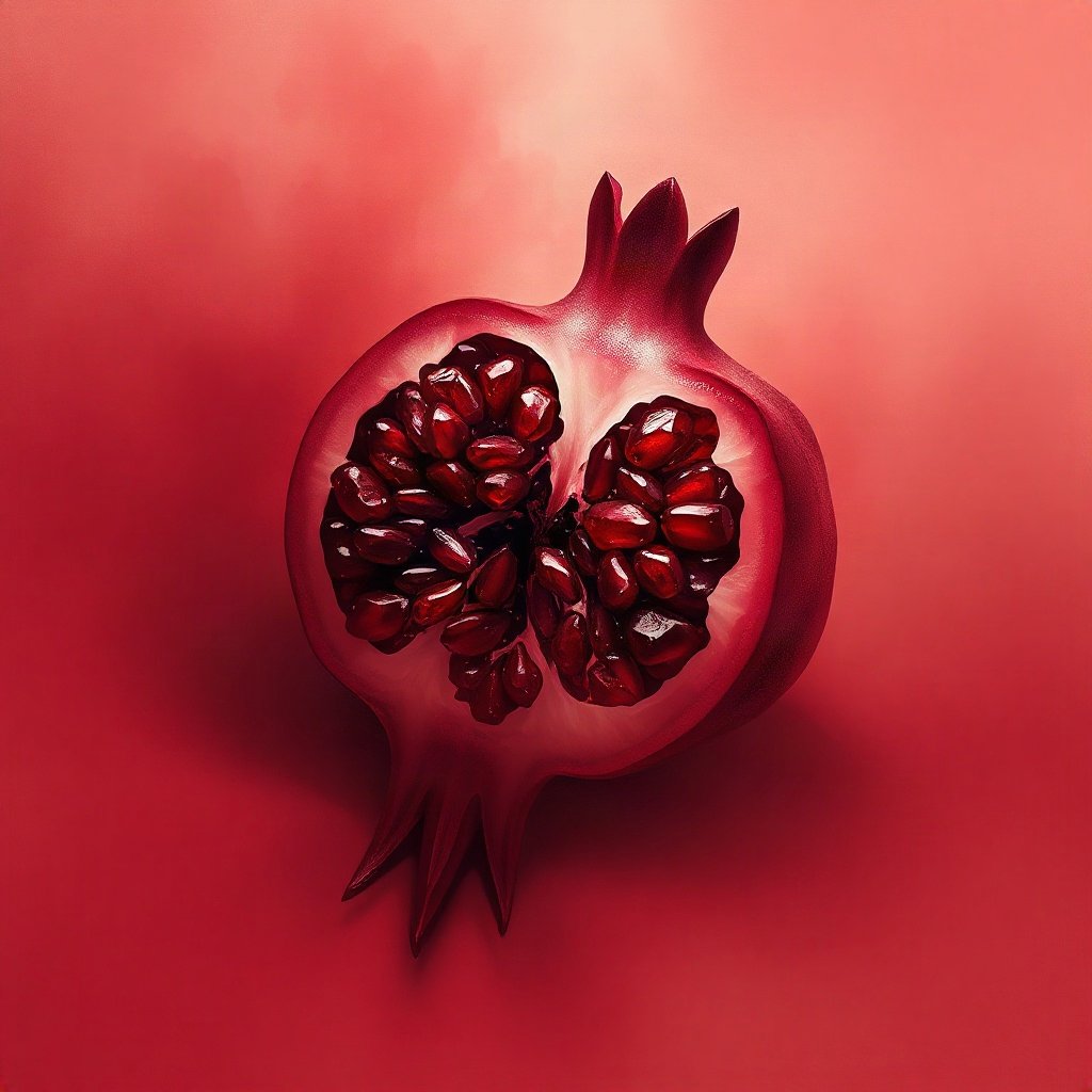 Red PFPs — pomegranate half, dreamy digital painting, misty atmosphere