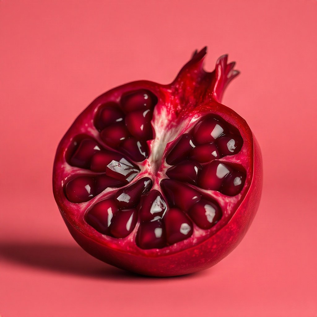 Red PFPs — pomegranate half, soft 3d render, gentle bokeh