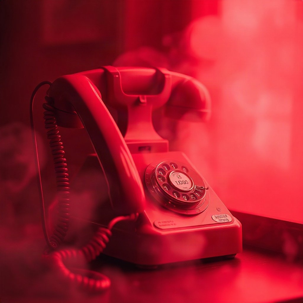 Red PFPs — vintage red phone, dreamy digital painting, misty atmosphere