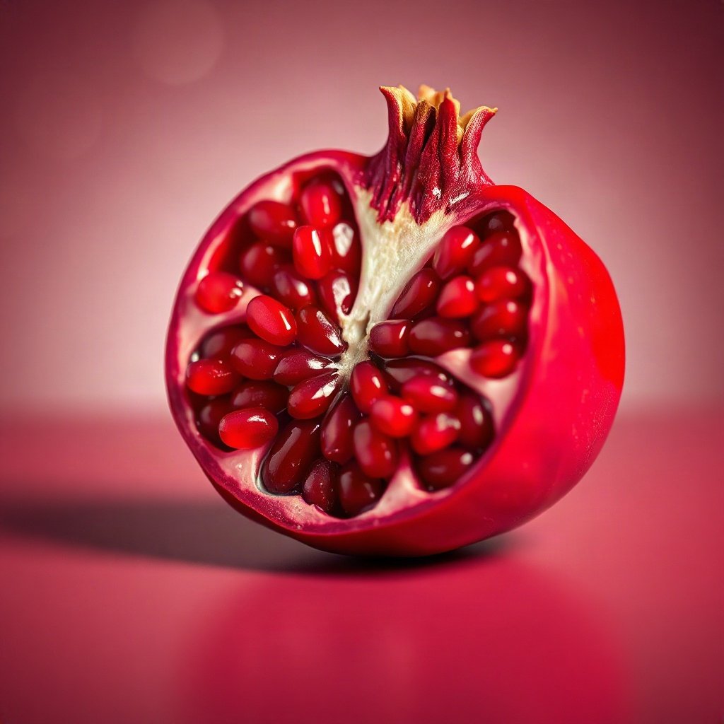 Red PFPs — pomegranate half, soft 3d render, gentle bokeh