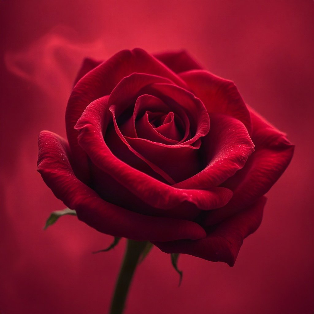 Red PFPs — rose macro, cinematic photo style, misty atmosphere
