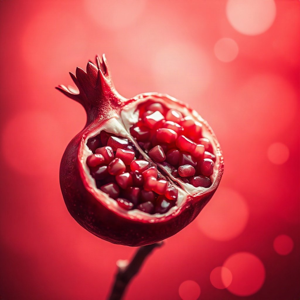 Red PFPs — pomegranate half, dreamy digital painting, gentle bokeh