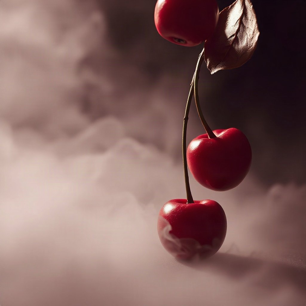 Red PFPs — cherry pair, cinematic photo style, misty atmosphere