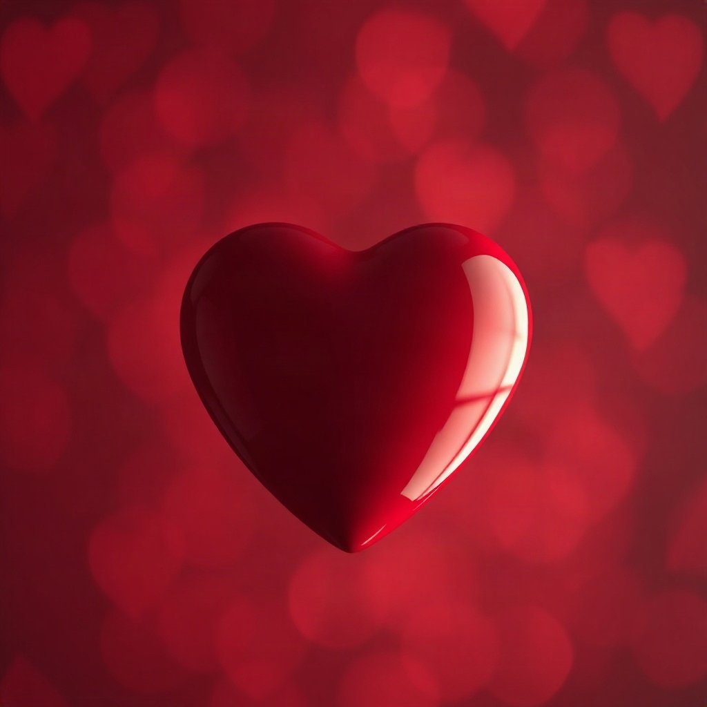 Red PFPs — glossy heart, cinematic photo style, gentle bokeh