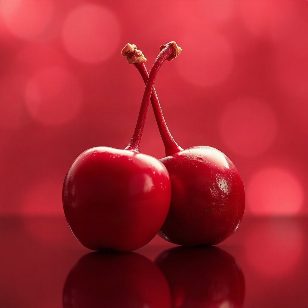 Red PFPs — cherry pair, dreamy digital painting, gentle bokeh