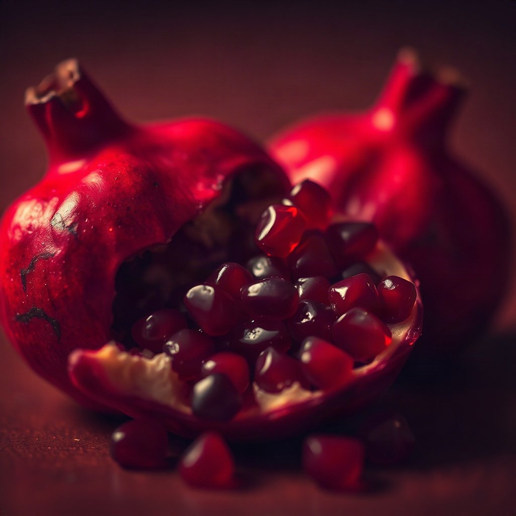 Red PFPs — pomegranate half, cinematic photo style, soft glow