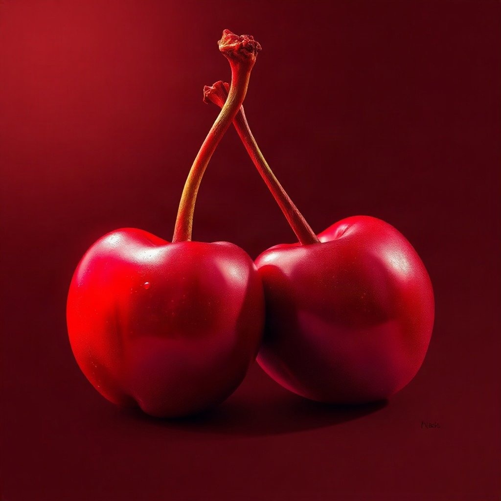 Red PFPs — cherry pair, dreamy digital painting, soft glow