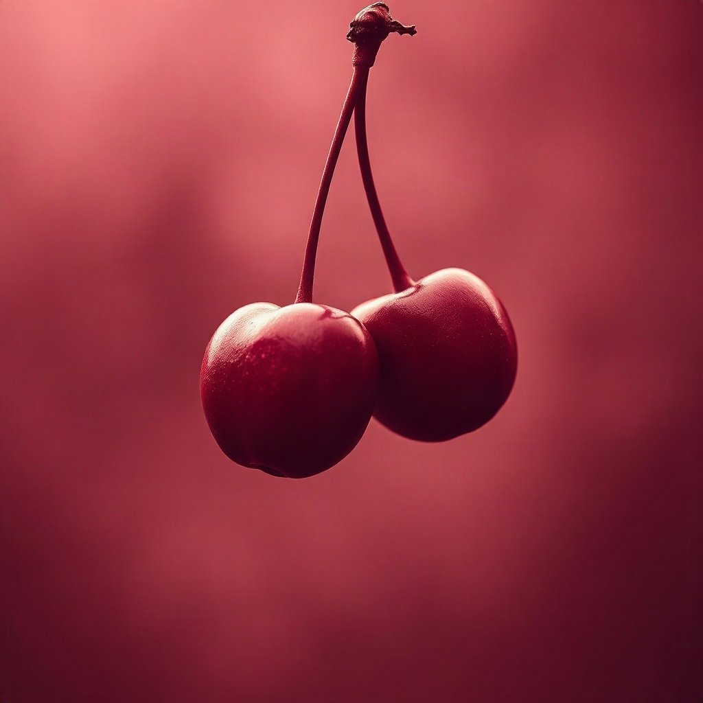Red PFPs — cherry pair, cinematic photo style, misty atmosphere