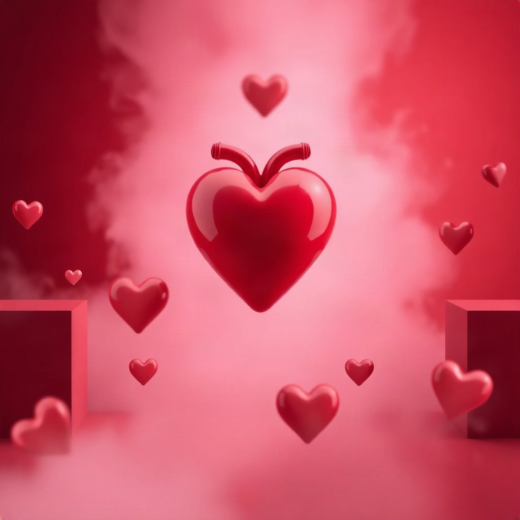 Red PFPs — glossy heart, soft 3d render, misty atmosphere